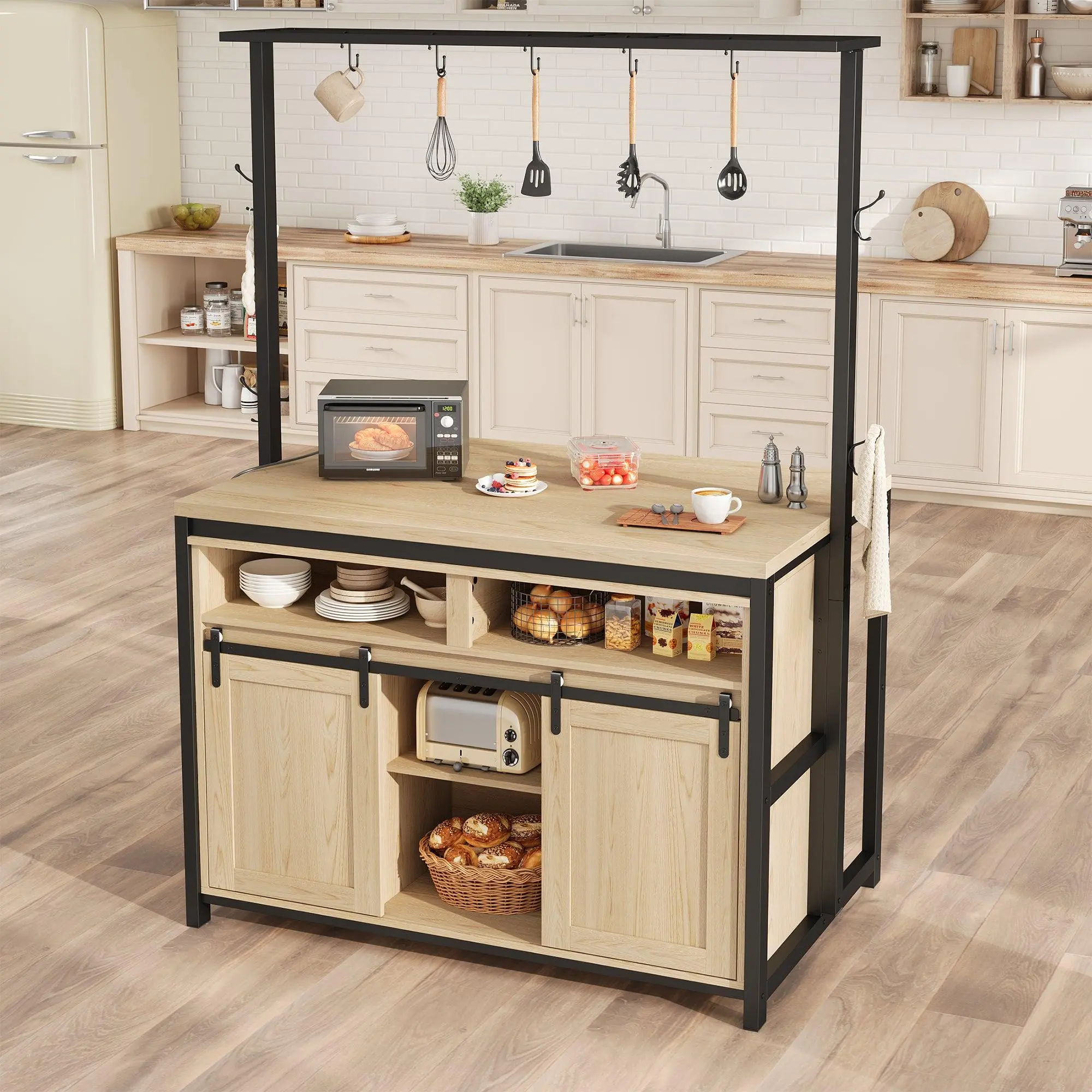 GARVEEKitchen Storage Island, Kitchen Island table with Sliding Doors, 3-Tier Shelves and 9 Hooks, Kitchen Island with Charging Station, Multi-Functional Bakers Rack for Dining Room