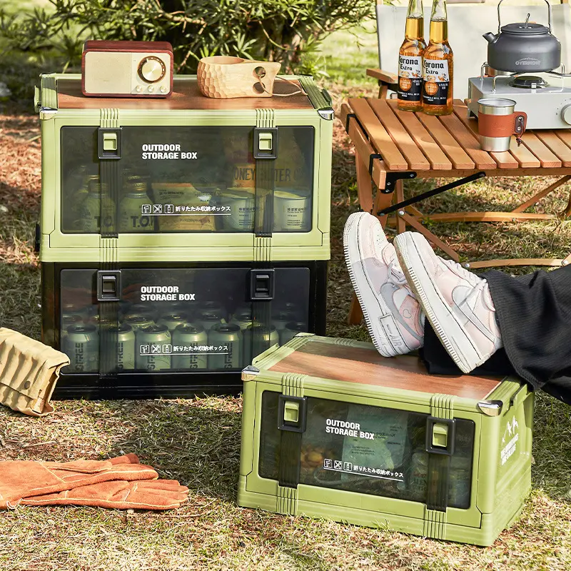 Outdoor household camping storage box, car trunk organizer, multi-layer stackable and foldable space-saving box, equipped with a thick wooden lid, foldable and large capacity, can be used as a seat