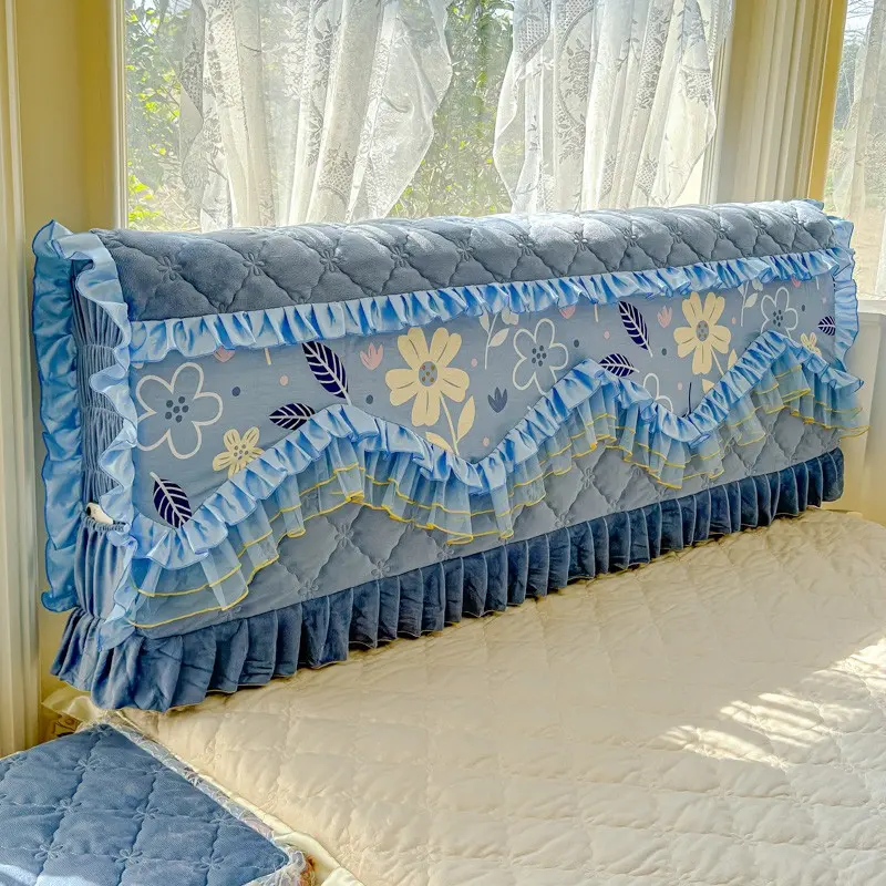Thick Milk Fleece Bed Headrest Cover, Soft Plush Backrest Protector, Full Wood Bed Head Protection, Lace Edge Wave Design, Dustproof Design