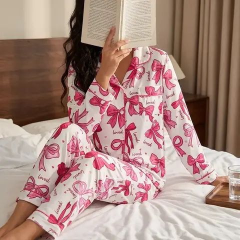 Two-piece Set Women's Christmas Print Button Front Pocket Shirt & Elastic Waist Pants Pyjama, Casual Comfy Long Sleeve Collared Top & Trousers Pajama Set, Women's Sleepwear for Spring & Fall, Casual Home Loungewear #GLOBAL PICKS