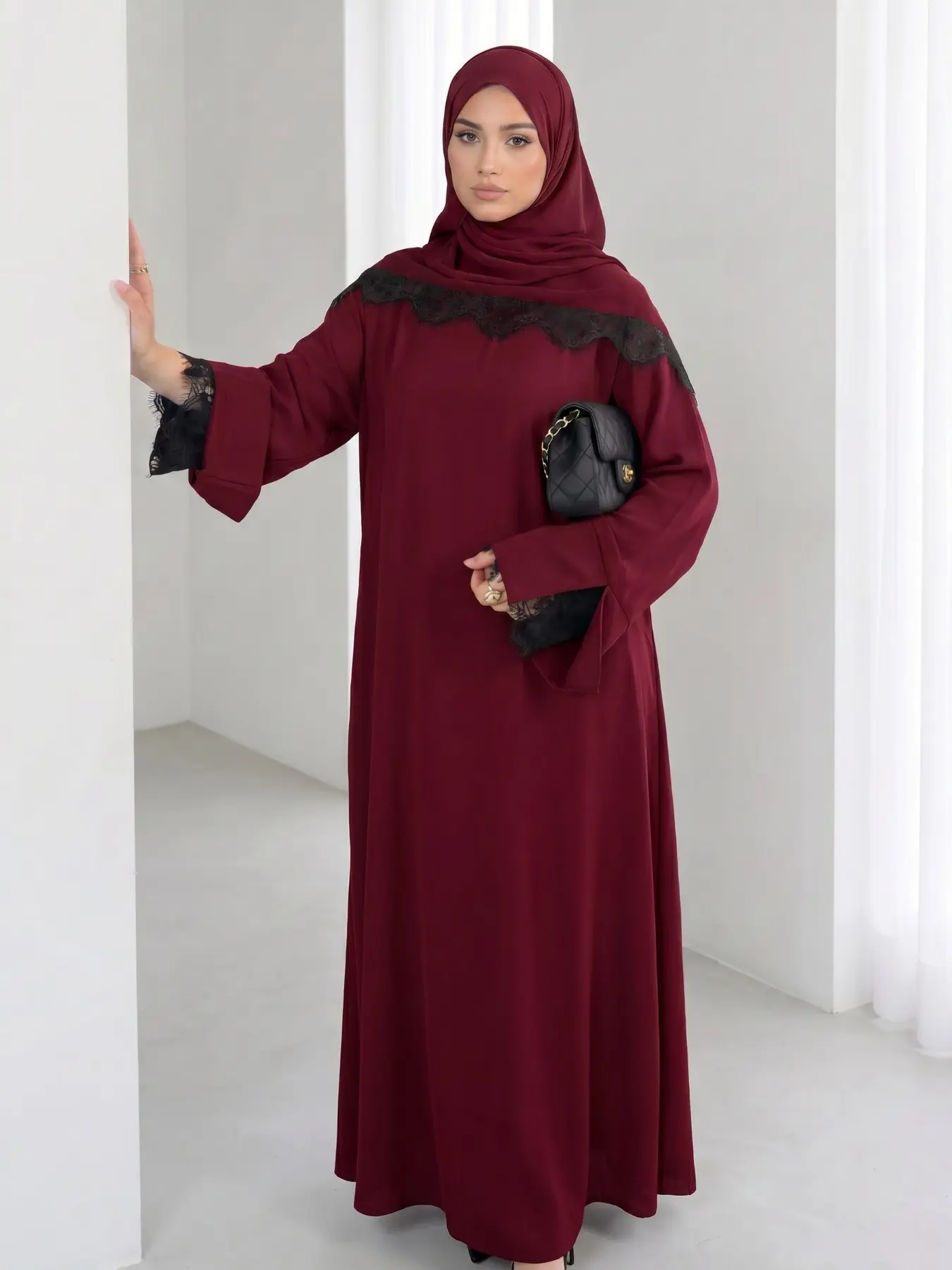 New Muslim Women's Lace Patchwork Abaya Two-Piece Set, Elegant Bell Sleeve Long Dress, Casual All-Season Wear, Includes Headscarf