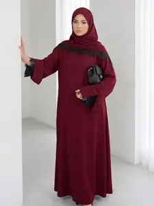 New Muslim Women's Lace Patchwork Islamic Abaya With Hijab Two-Piece Set, Elegant Bell Sleeve Long Dress, Casual All-Season Wear, Includes Headscarf