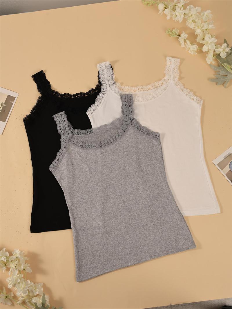 Women's Solid Color Pajama Top, Casual Comfortable Lace Trim Sleeveless Pajama Top Camisole Tops for Daily Wear, Ladies Sleepwear for All Seasons