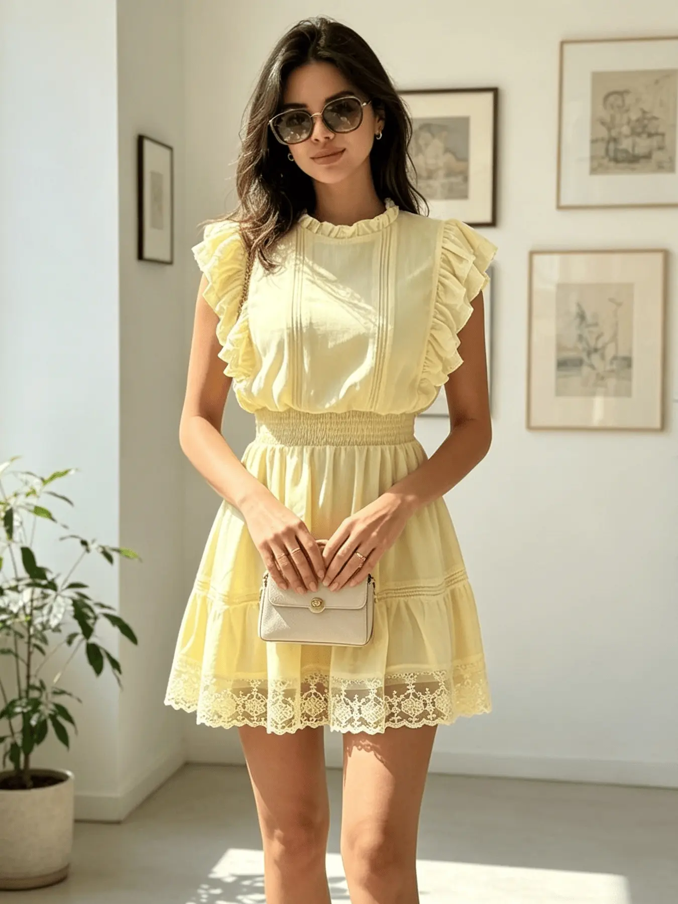 A women's fashionable yellow black fungus edge small fly sleeve waist cinched short dress with elastic high waist and lace skirt, suitable for commuting to work, shopping and outdoor wear