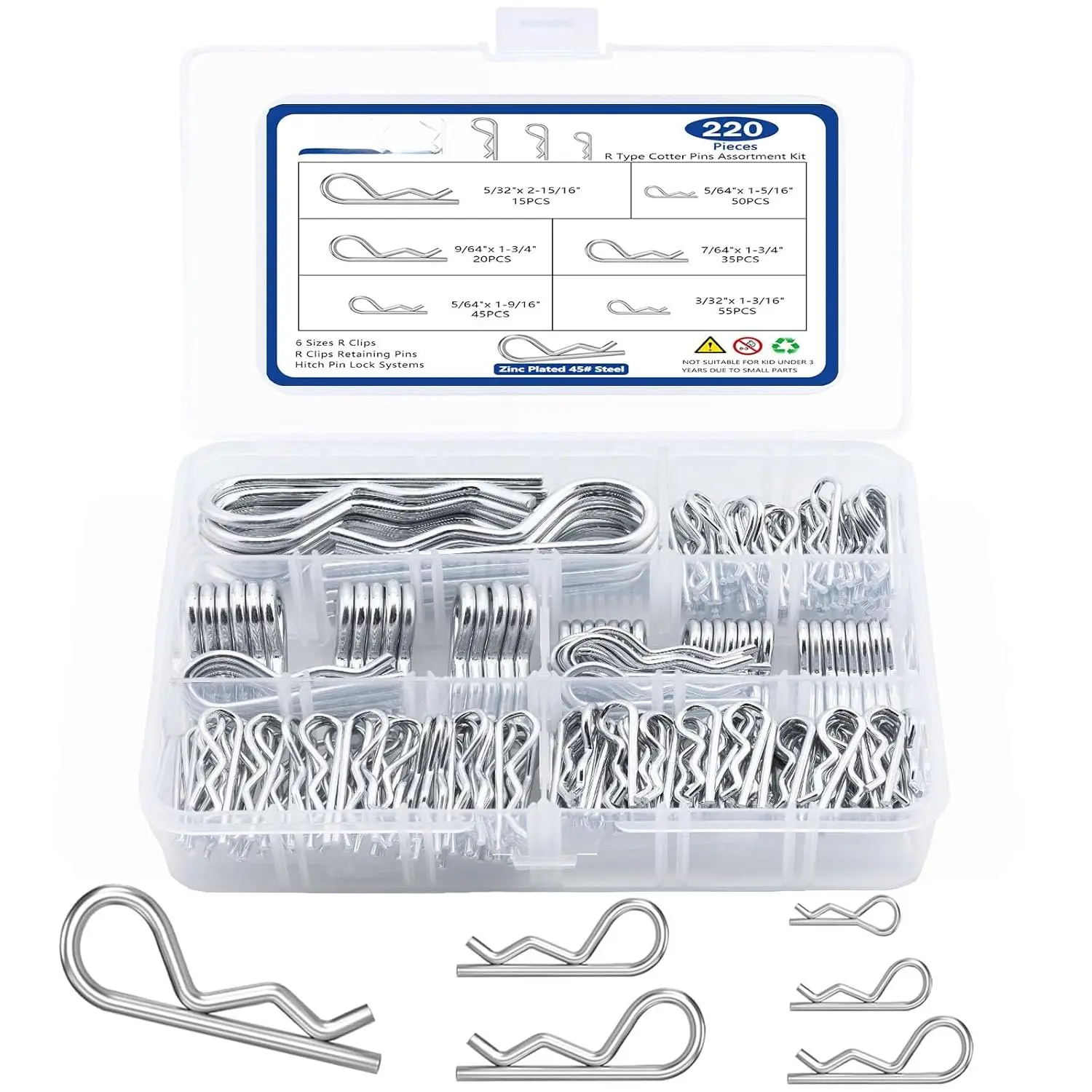 Cotter Pins, 220 count R Clips Heavy Duty Zinc Plated Cotter Pin Spring Fastener  Kit, R Clips  Kit, Zinc Plated Spring Fastener  Kit for Hitch, Lawn Mower,