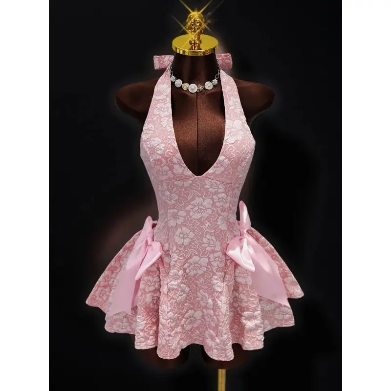 Women's New Summer Sakura Embossed Texture Halter Neck Formal Dress - Large Side Bowknot, A-Line Cut Short Hem, Formal Wear, Machine Washable for Wedding Bridesmaids, Valentine's Day Dates