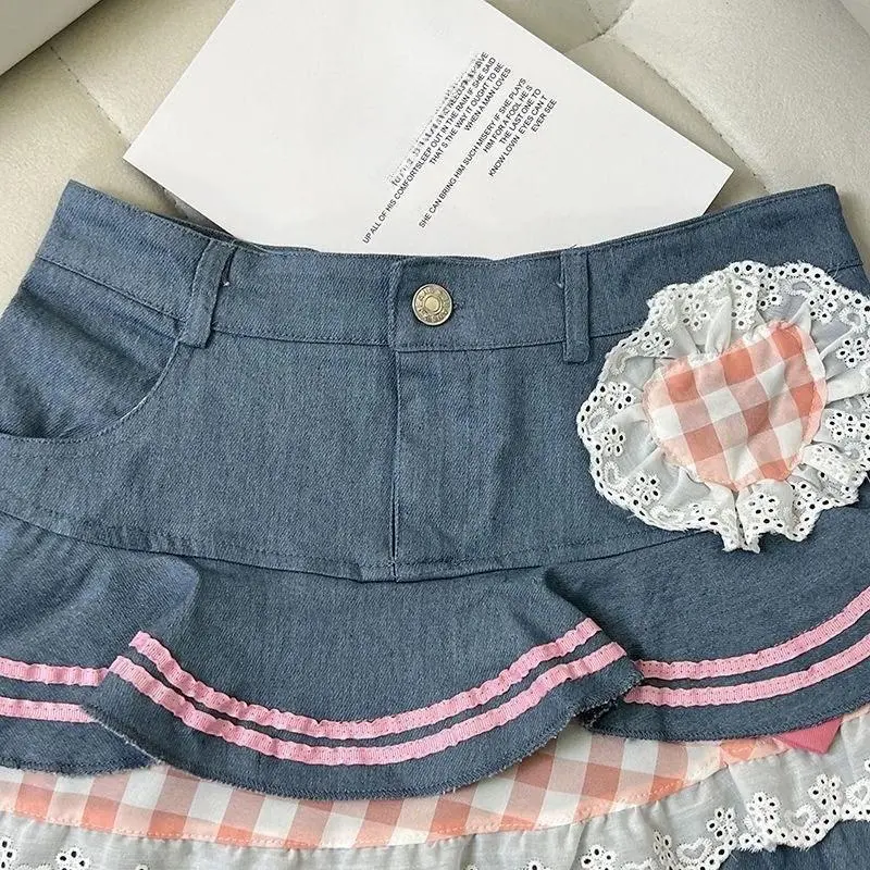 Preppy Style Lolita Kawaii Skirts Japanese Sweet Mini Women Harajuku Cute Ball Denim Y2K High Waist Lace Cake Skirts, Short Skirt, Lolita Cute, S, Polyester Clothing