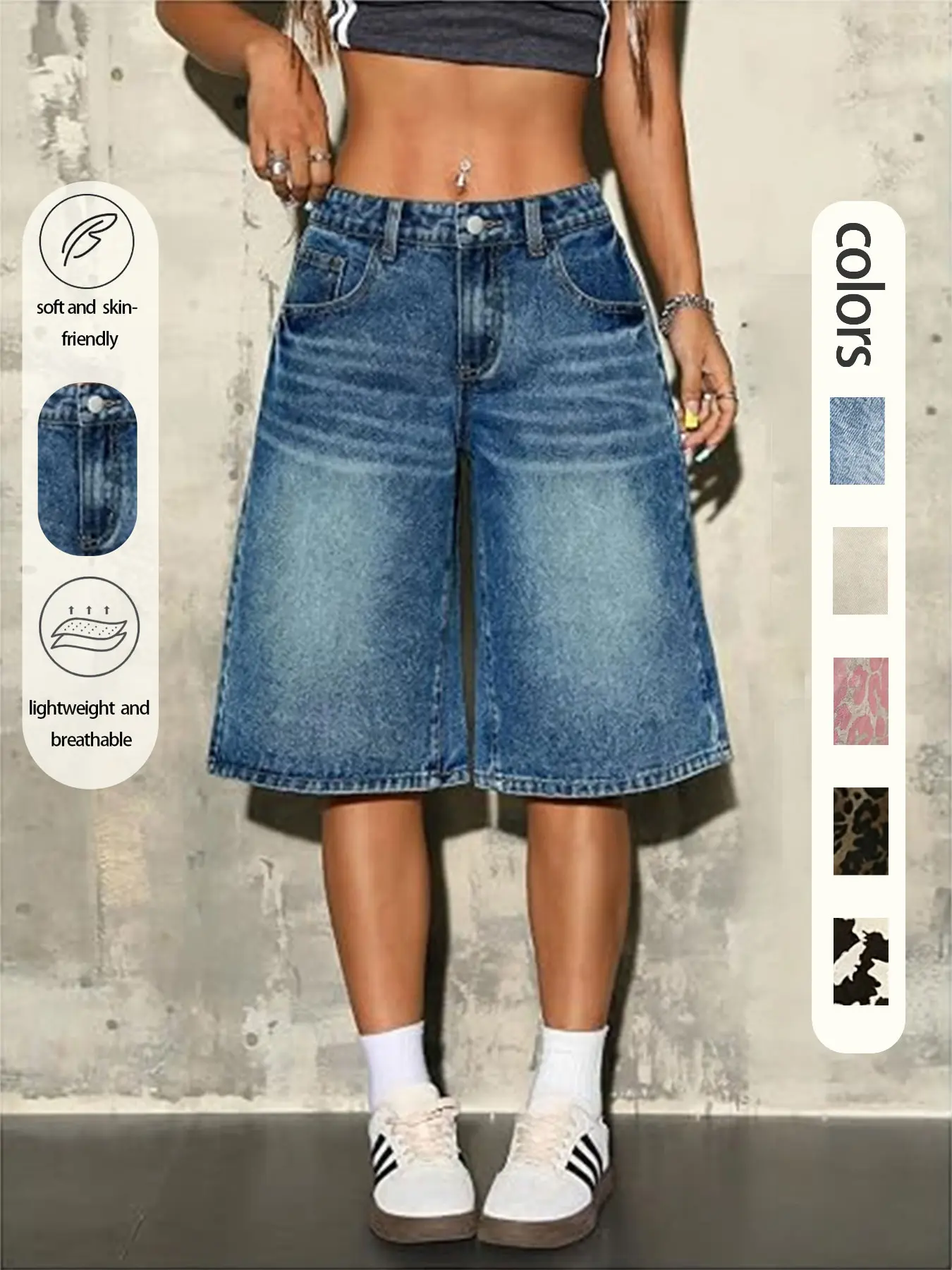 Y2K Skateboard Style Women's Gradient Vintage Washed Loose Baggy Wide Leg Jeans Shorts, Thick Denim Streetwear, Perfect for Skate Parks and Music Festivals