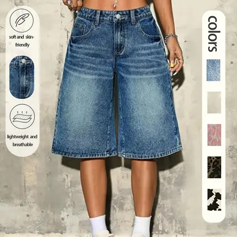 Y2K Skateboard Style Women's Gradient Vintage Washed Loose Baggy Wide Leg Jeans Shorts, Boyfriend Denim Shorts, Thick Denim Streetwear, Perfect for Skate Parks and Music Festivals