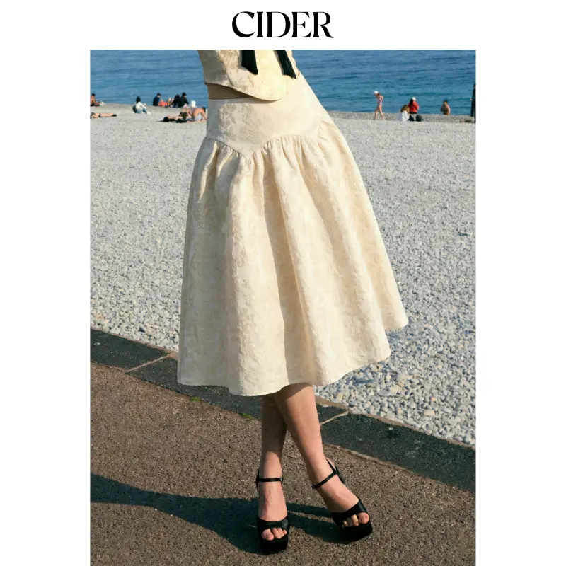 Cider Floral Jacquard High Rise Ruched Flared Midi Skirt