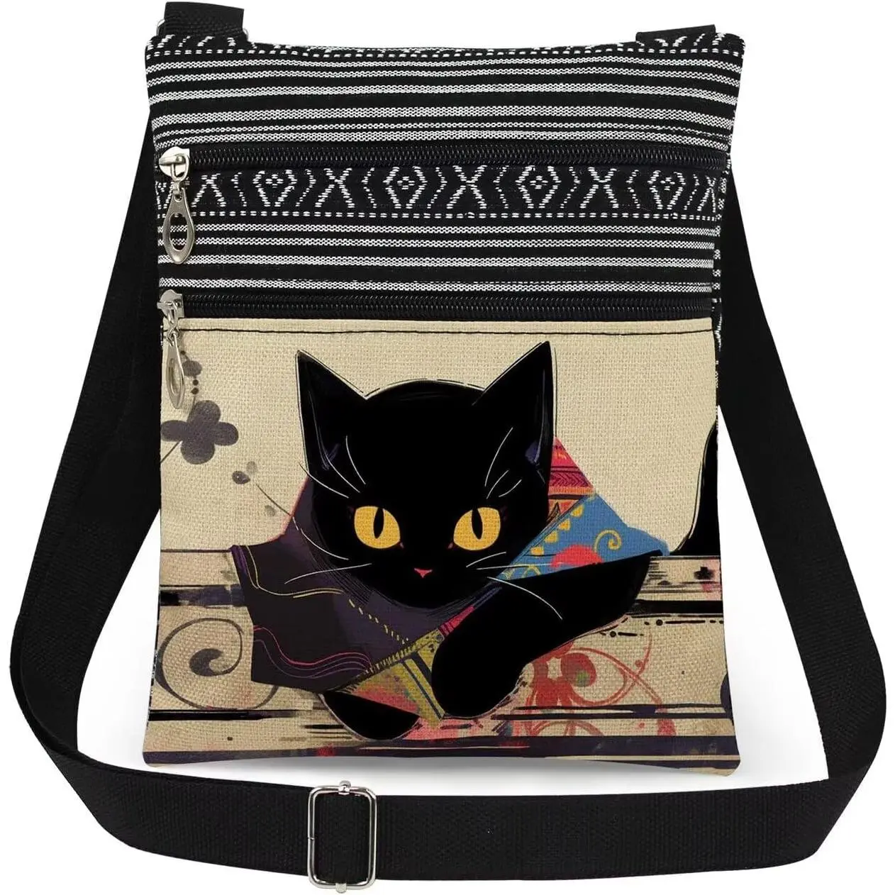 Print Crossbody Bag Black Feline with Multi-Color Messenger Bag Adjustable  Strap   for Art-Loving Sister​​ Travel Stylish Adult Purse  Lovers