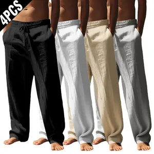 Menswear Men’s Plain Linen Drawstring Wide Leg Pants - Elastic Waist, Breathable, Lightweight Loose Fit Casual Beach Outfits Trousers