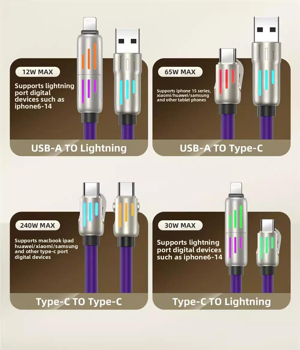 240W light-emitting four-in-one mobile phone data cable PD super fast charging dual-port charging data cable with colorful breathing light