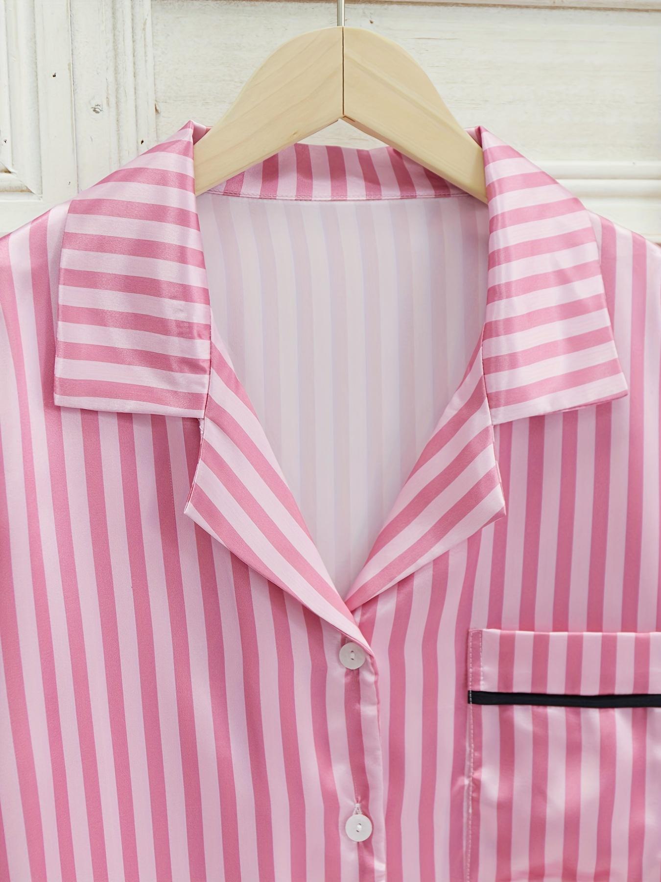 Women's Striped Pocket Lapel Neck Pyjama Set, Comfy Button Down Long Sleeve Shirt & Tie Front Pants Lounge Set, Pajama Sets Women, Pj Sets for Women, Sleepwear for Spring & Fall, Gifts Set for Mum