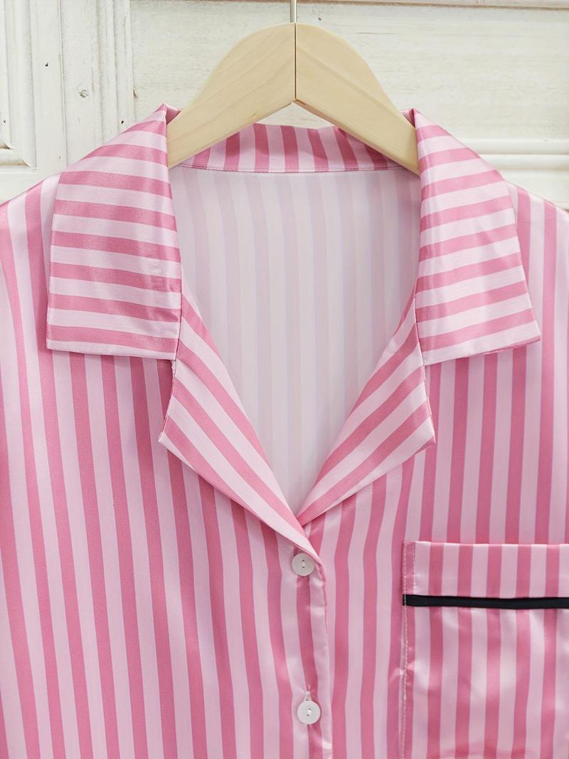 Women's Striped Pocket Lapel Neck Pyjama Set, Comfy Button Down Long Sleeve Shirt & Tie Front Pants Lounge Set, Pajama Sets Women, Pj Sets for Women, Sleepwear for Spring & Fall, Gifts Set for Mum