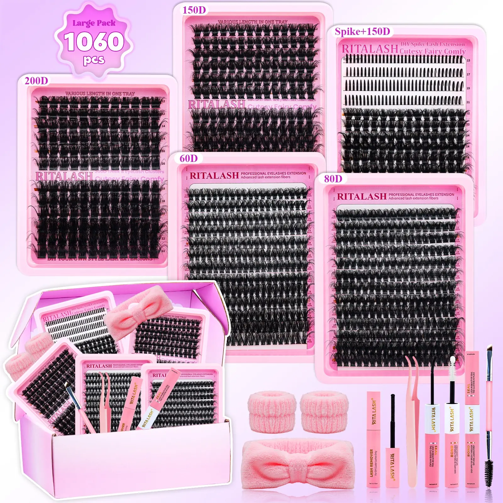 RITALASH 1060PCS Mixed Length Individual False Eyelashes Kit, DIY Eyelash Extensions, Natural-Looking Eyelash Extensions with Accessories, Self-Grafting Curling Lashes for Women, Makeup Products, Eyelash Falsies