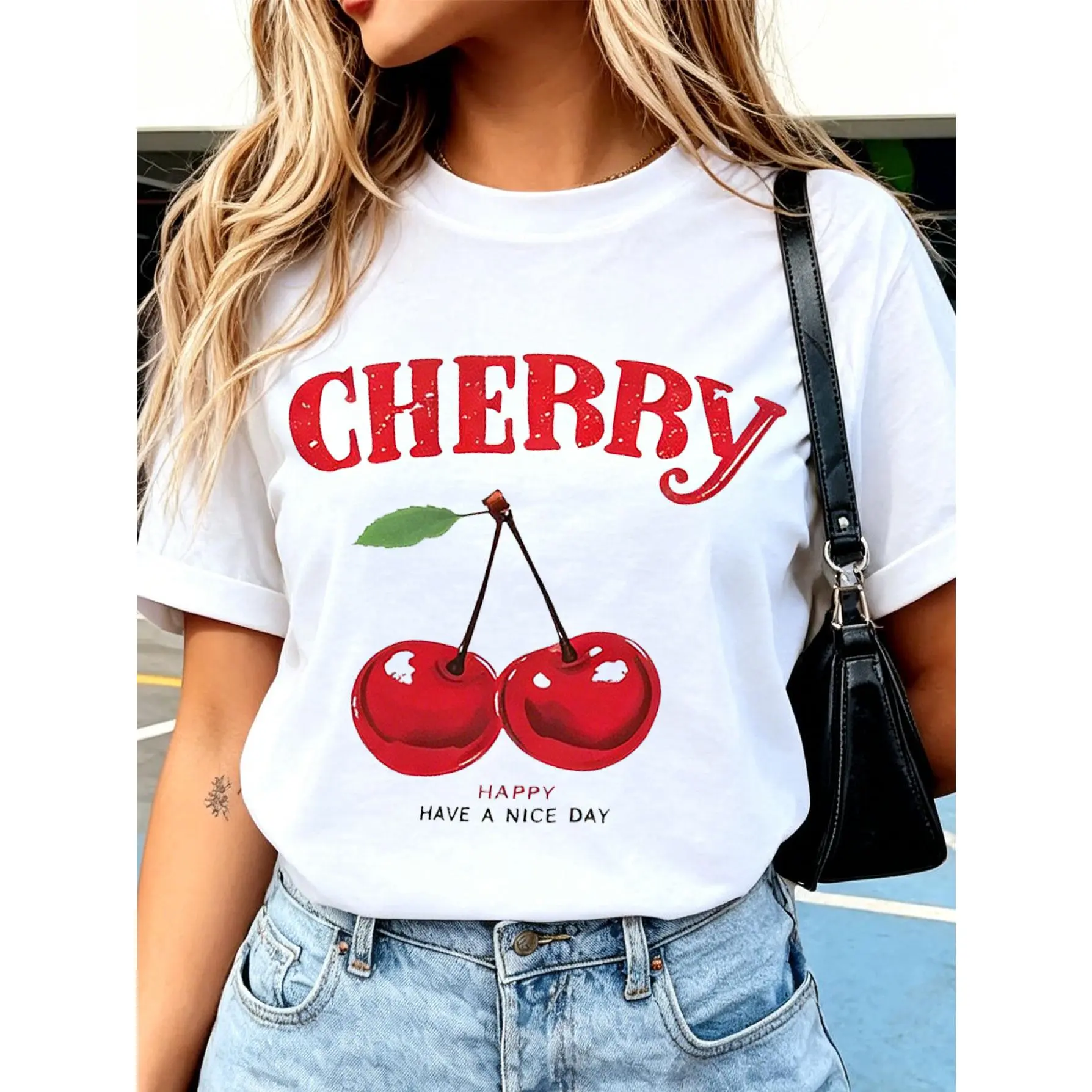Women's Cherry & Letter Print Cherry Shirt, Casual Streetwear Round Neck Short Sleeve Tee for Spring Sports & Outdoor, Shortsleeve, Women's Clothes, Casual Tee, Long-Lasting, Tops, Sporty Chic, High-Res Print, Tshirt, Short Sleeves, Relaxed Fit, U.s. Cott