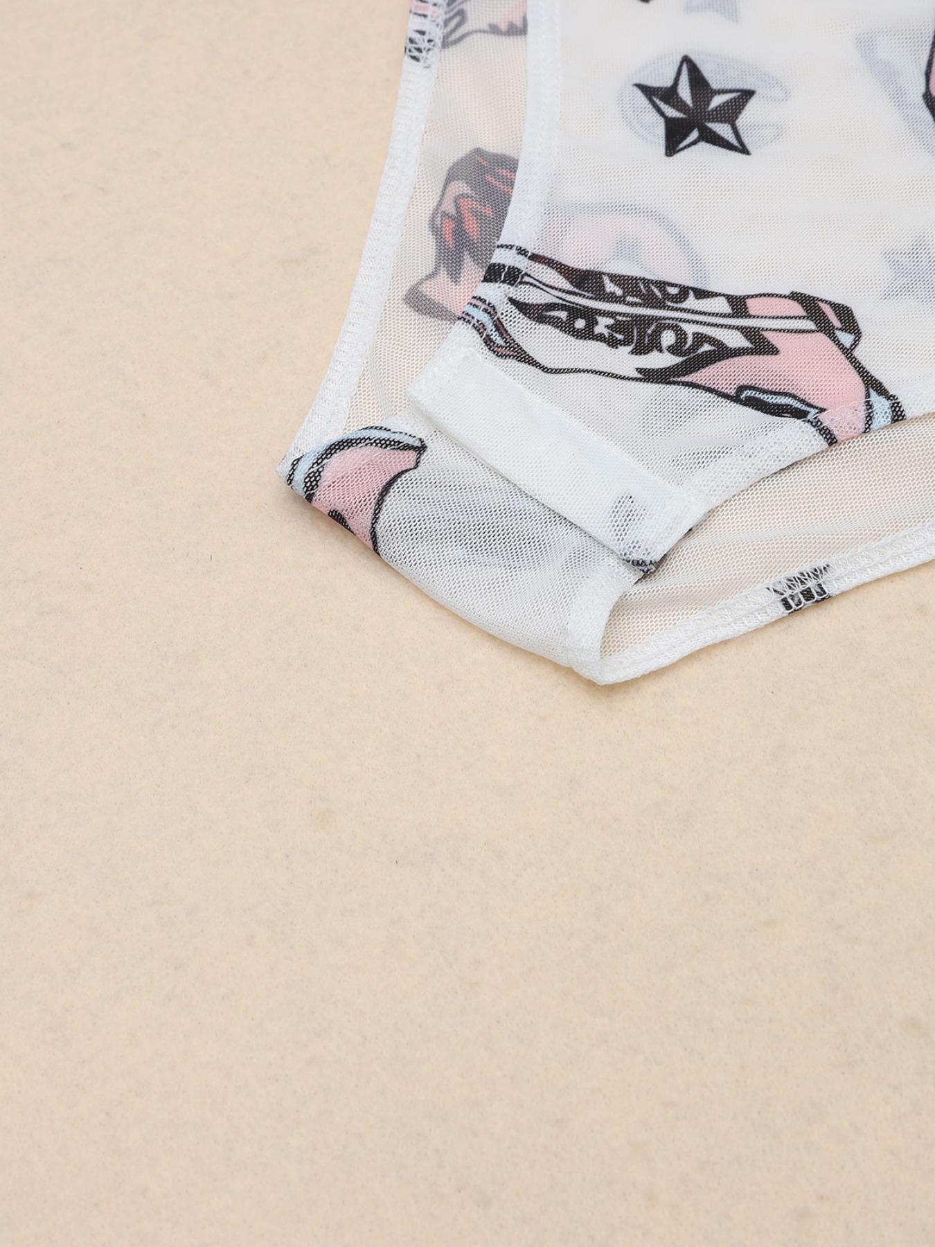 Women's Boot Print Mock Neck Semi-Sheer Bodysuit, Sexy Fashion Long Sleeve Bodysuit for Spring & Fall, Women's Clothes for Daily Wear