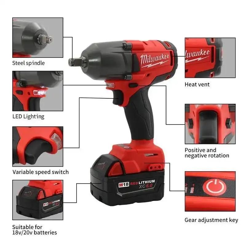 Milwaukee 18V Cordless Electric Wrench Durable Brushless Impact Wrench 800N.M with Battery & Fast Charger