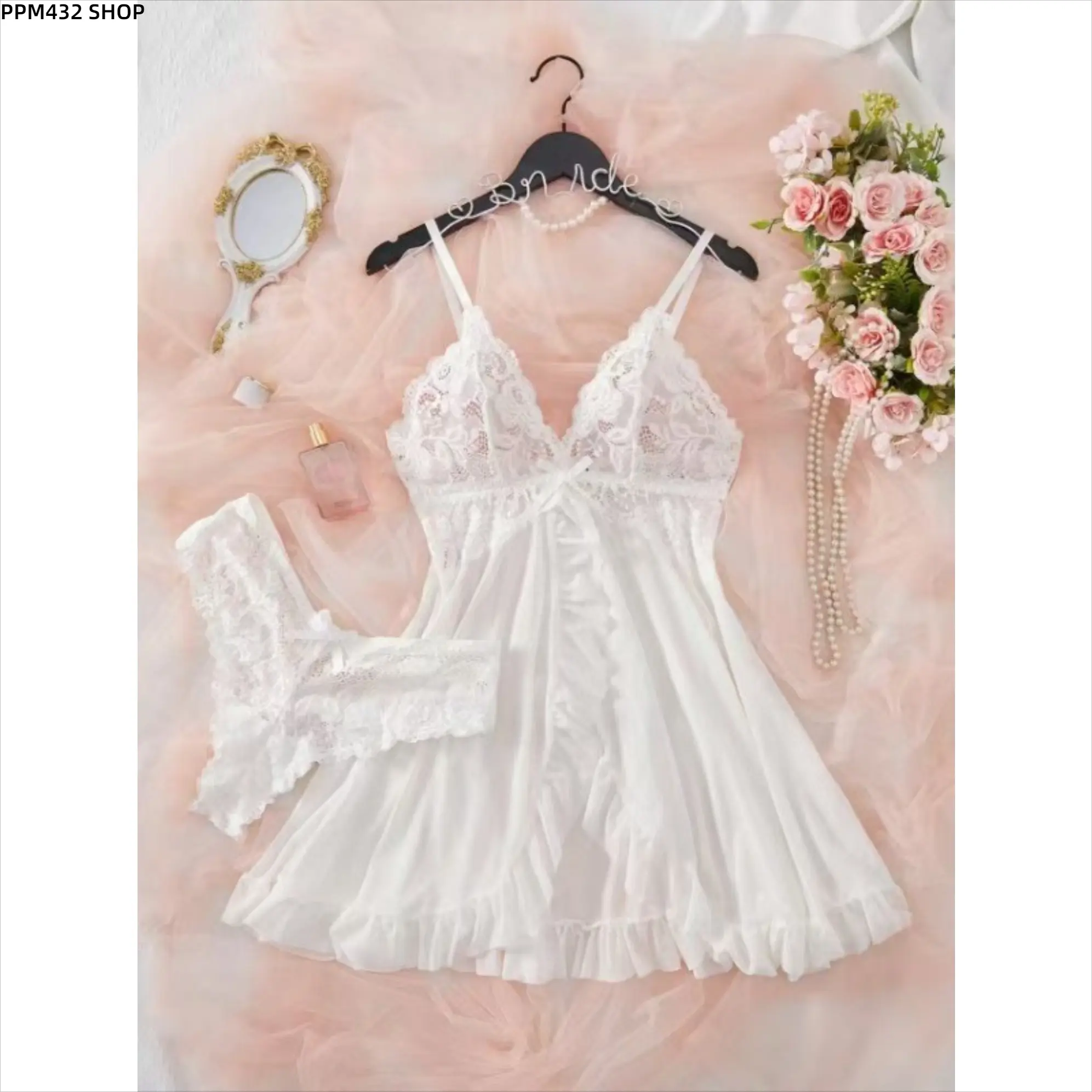 Female Lightweight V-Neck Lace Nightgown - Backless Thong Sleepwear Dress with Ruffle Trim, Split Hem, Elegant Home Loungewear for Relaxing Nights, Romantic Evenings