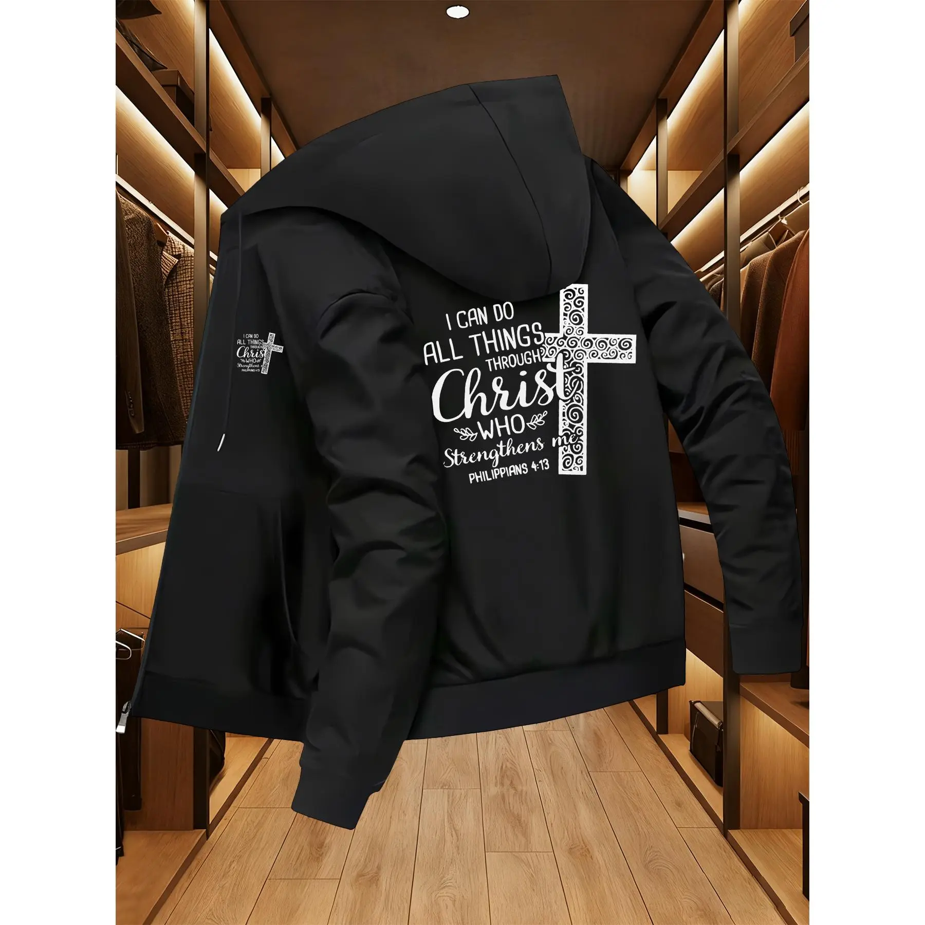 Men's autumn and winter hooded jacket with Christian scripture pattern and cross print, men's high-end jacket with stand-up collar, versatile top, hooded jacket