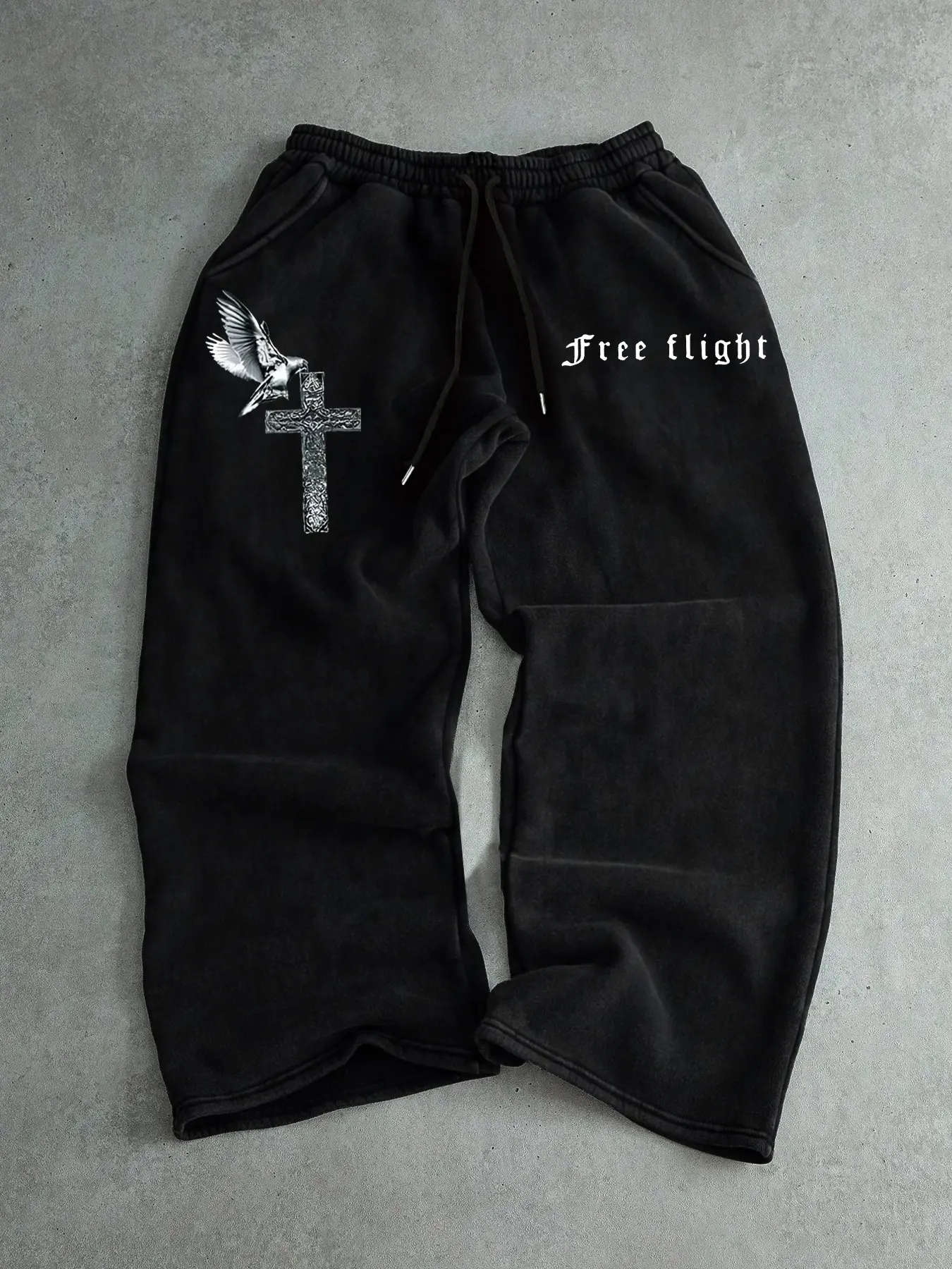 Men's Casual Sporty Long Pants, Pigeon & Cross Pattern Print, Drawstring Wide Leg, All Season Loose Fit, Men's Fashion Clothing
