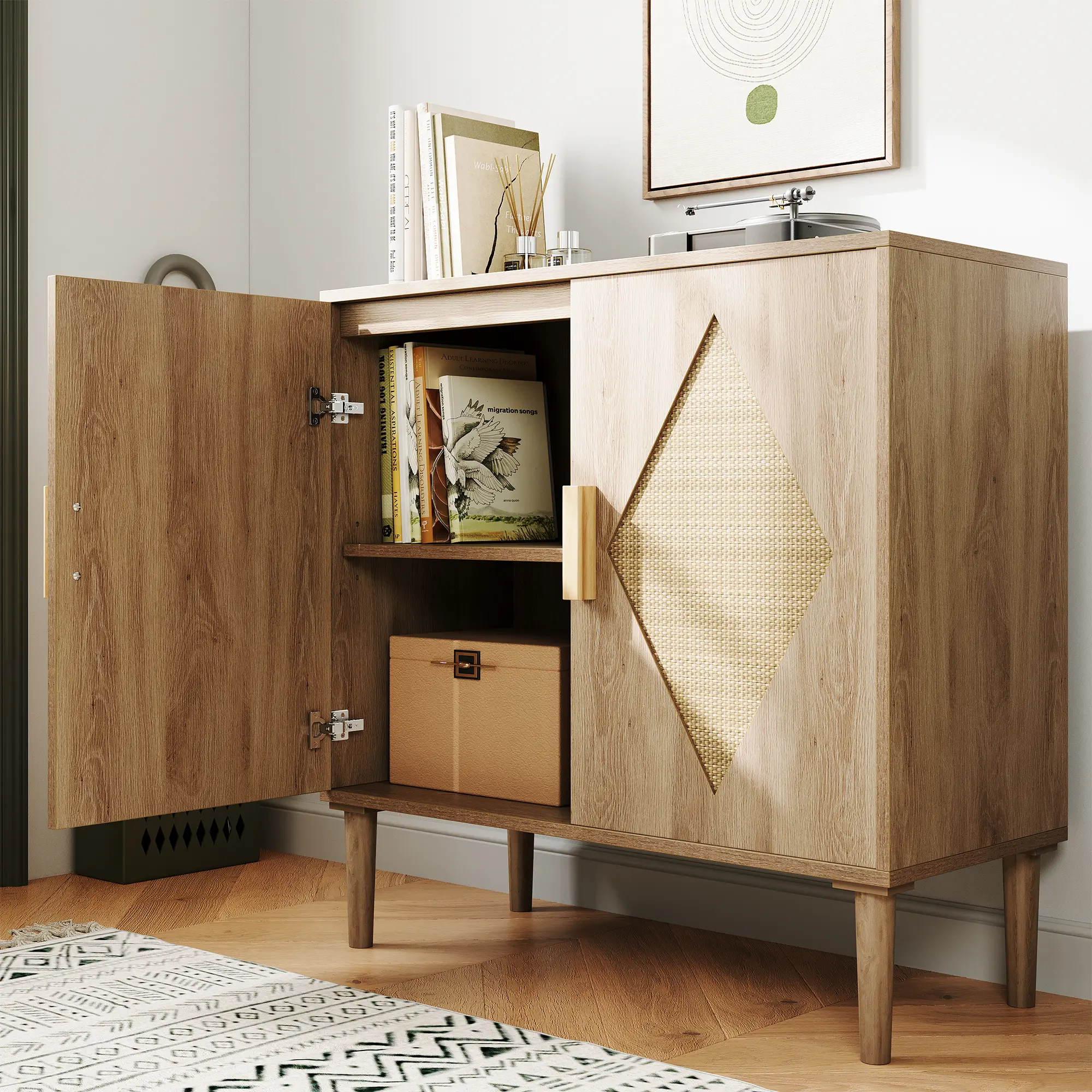2-Door Rattan Storage Cabinet, Boho Wooden Sideboard with Adjustable Inner Shelves, Freestanding Accent Storage Organizer for Living Room, Dining Room and Entryway