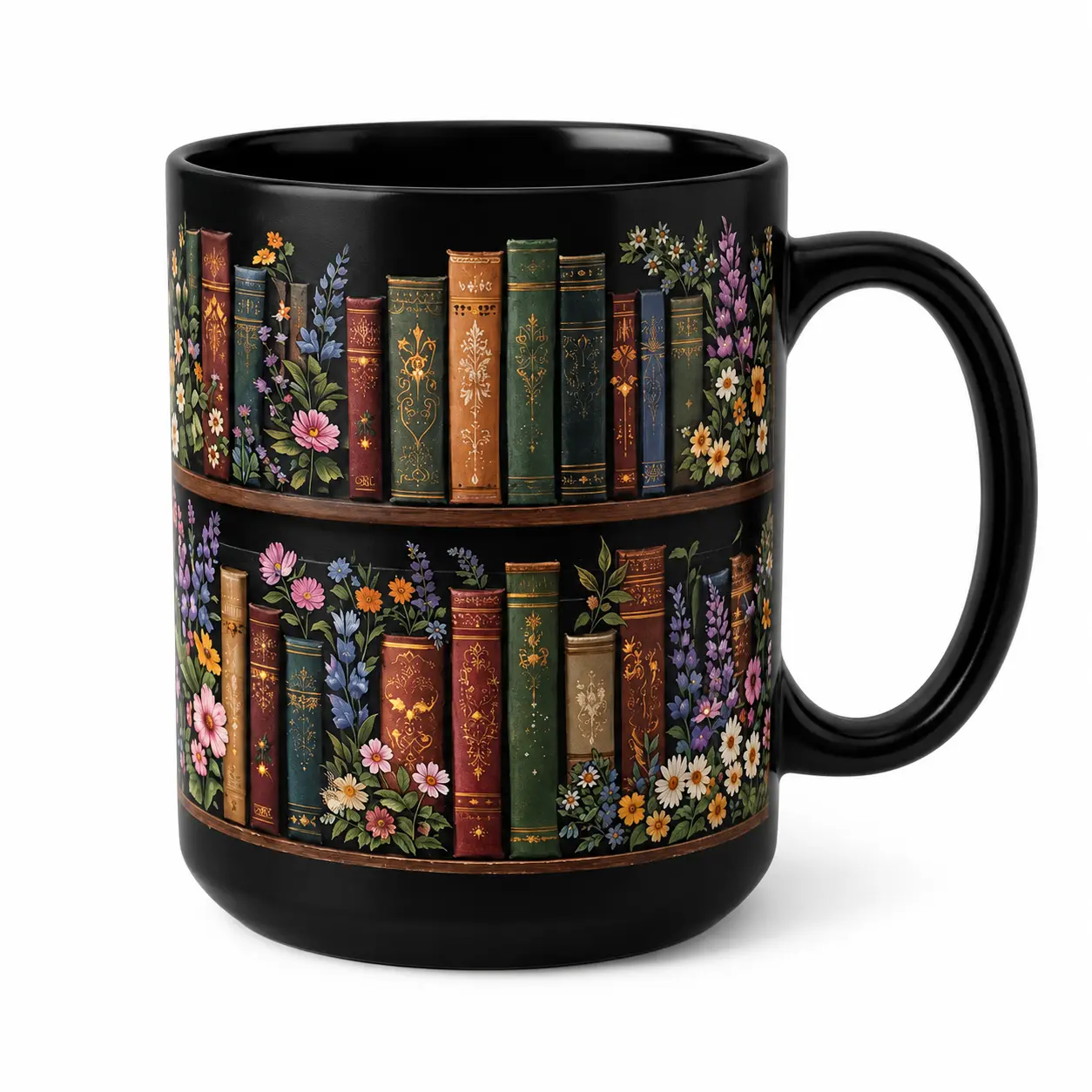 Classic Dark Academia Sturdy Glossy Ceramic Mug - 11oz-15oz Watercolour Vintage Floral Book Print Stripes Drinkware, Flowers & Plants Themed Cup for Readers, Kitchenware Gift