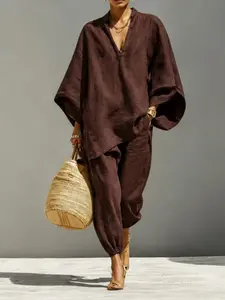 Trendy Women's Casual  Loungewear Set Batwing Sleeve V Neck Oversized Baggy Cozy Lazy Style Long Pants Outfit for Lounge Vacation Daily Wear