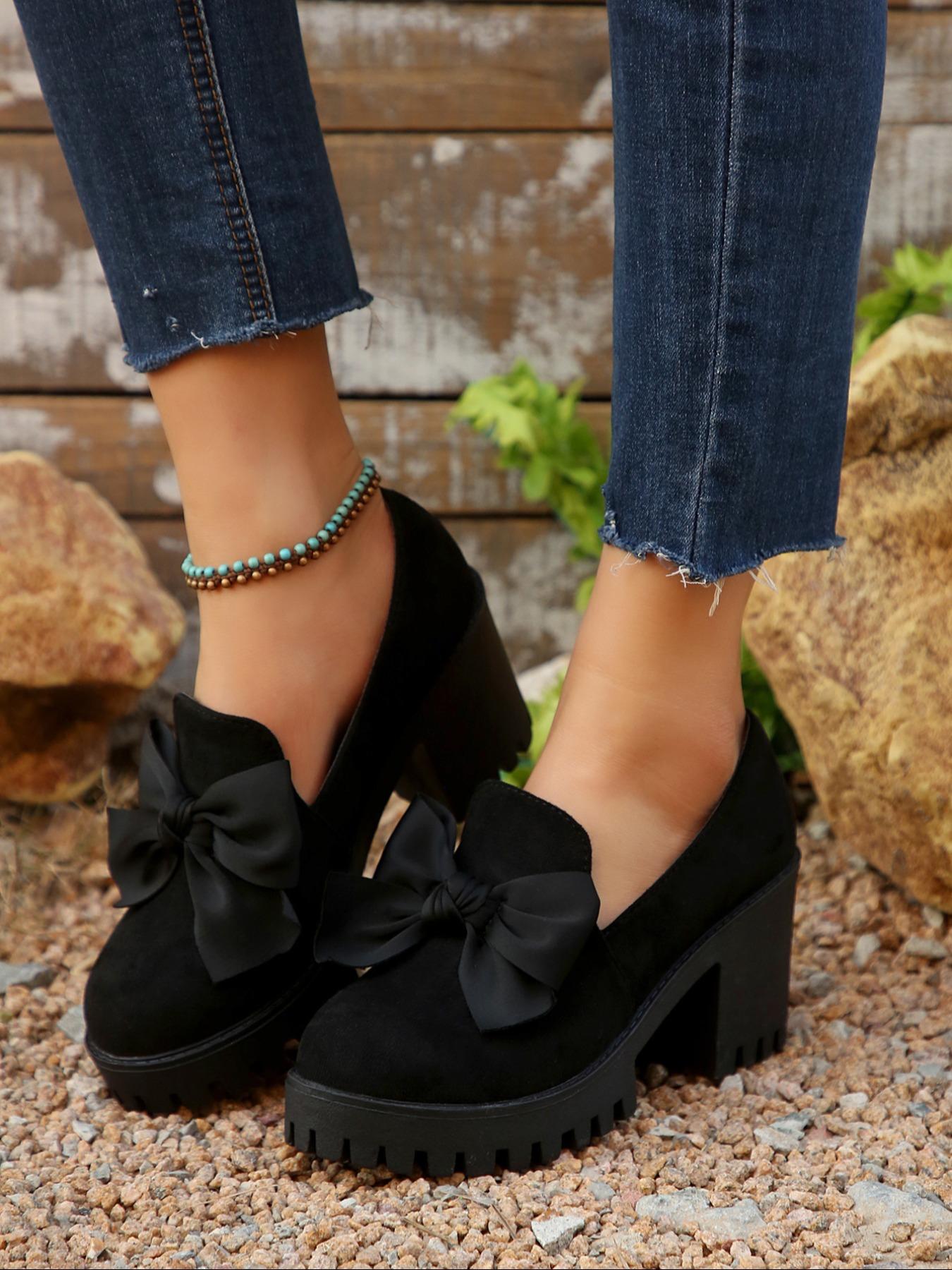 Women's Fashion Bow Design Slip-On Platform Loafers, Casual Fall Winter Shoes, Comfortable Round Toe Daily Wear, Thick Sole Leather Boots