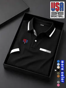 Men's Polo Shirt, Usa Print Design, Loose-Fitting, Comfortable, Ideal for Summer Outdoor Wear, Fashionable Camping Resort Clothing