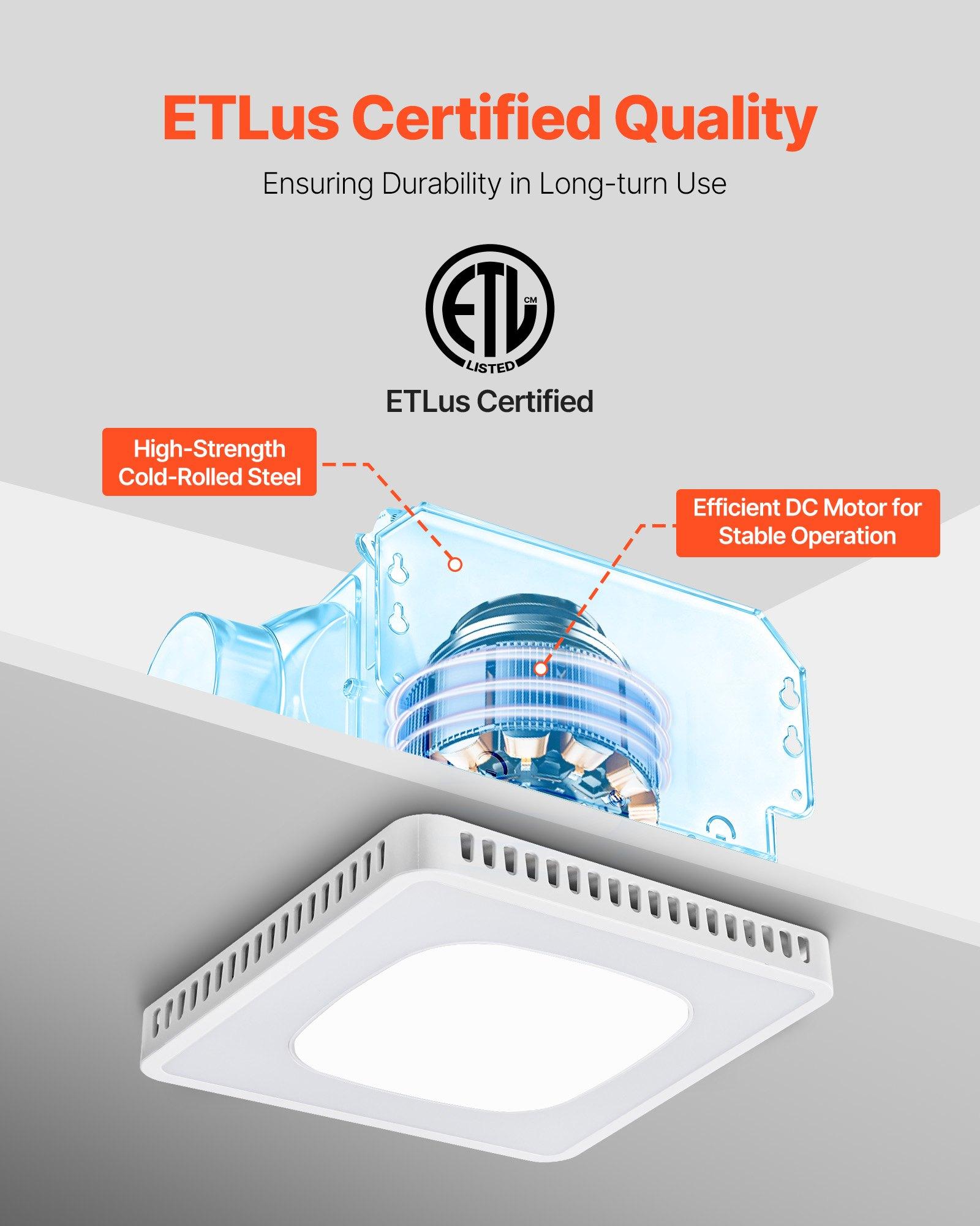 VEVOR Bathroom Exhaust Fan, 80-110-130 CFM Bathroom Vent with Seven Colors RGB Lights, 1.5 Sones Low-Noise, Premium DC Motor Ceiling Fan for KTV Laundry Room, Storage Room, Ventilation, White