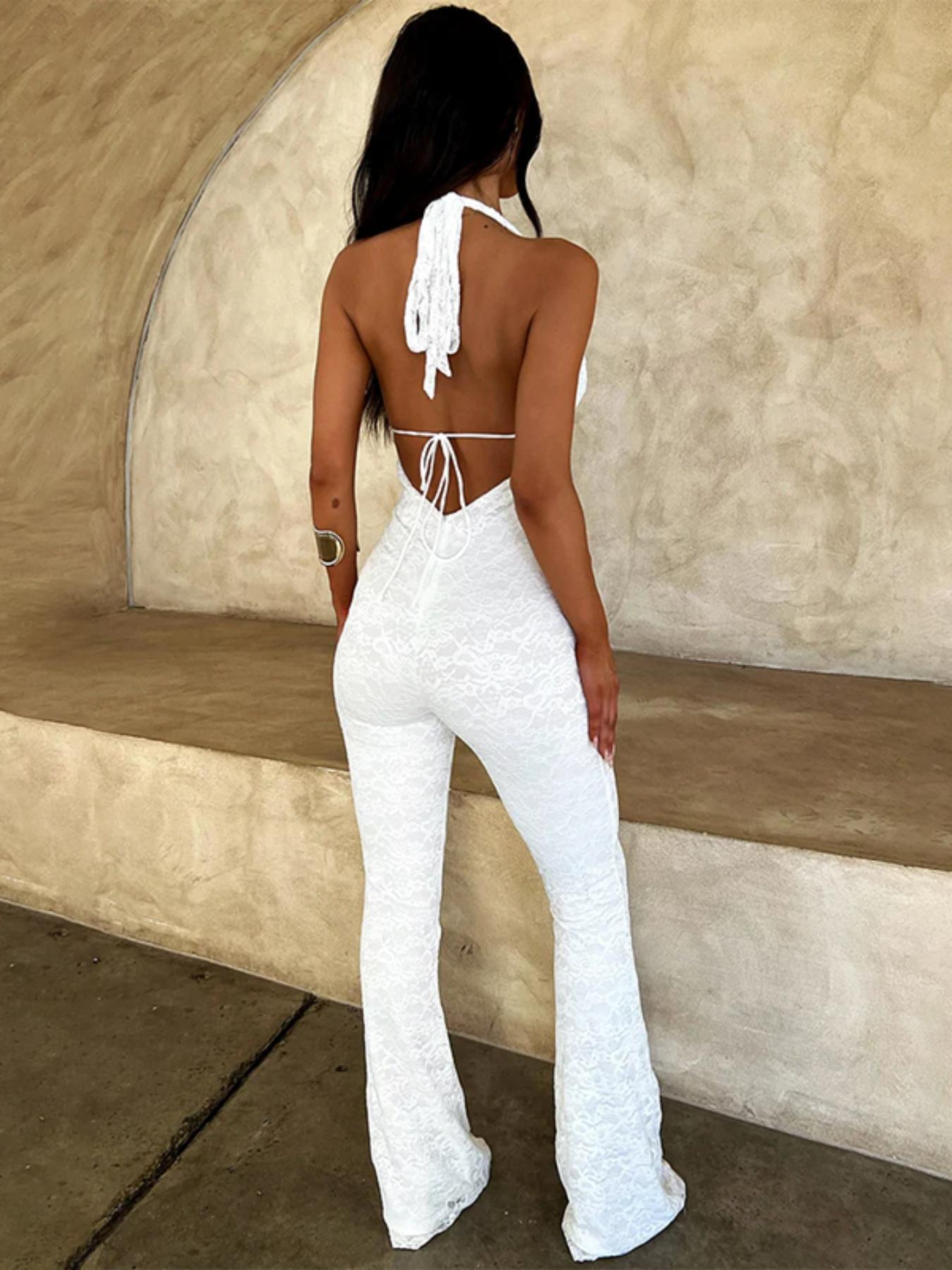 Women's Plain Halter Neck Tie Back Jumpsuit, Casual Sleeveless Backless Jumpsuit for Daily Wear, Ladies Clothes for All Seasons Overalls, Skinny Jumpsuit