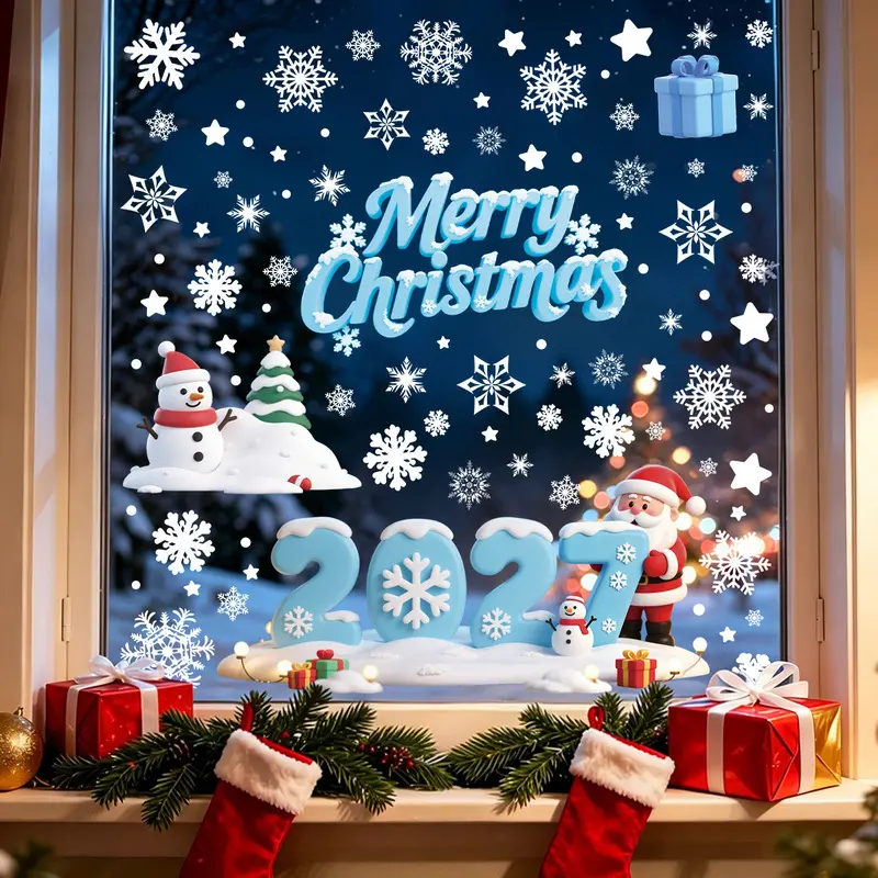 4 Sheets 2027 Christmas Decor Window Clings, Snowflake Static Stickers, Suitable for Christmas Window Decorations, Christmas Party Supplies, Thanksgiving & Indoor Party Decor