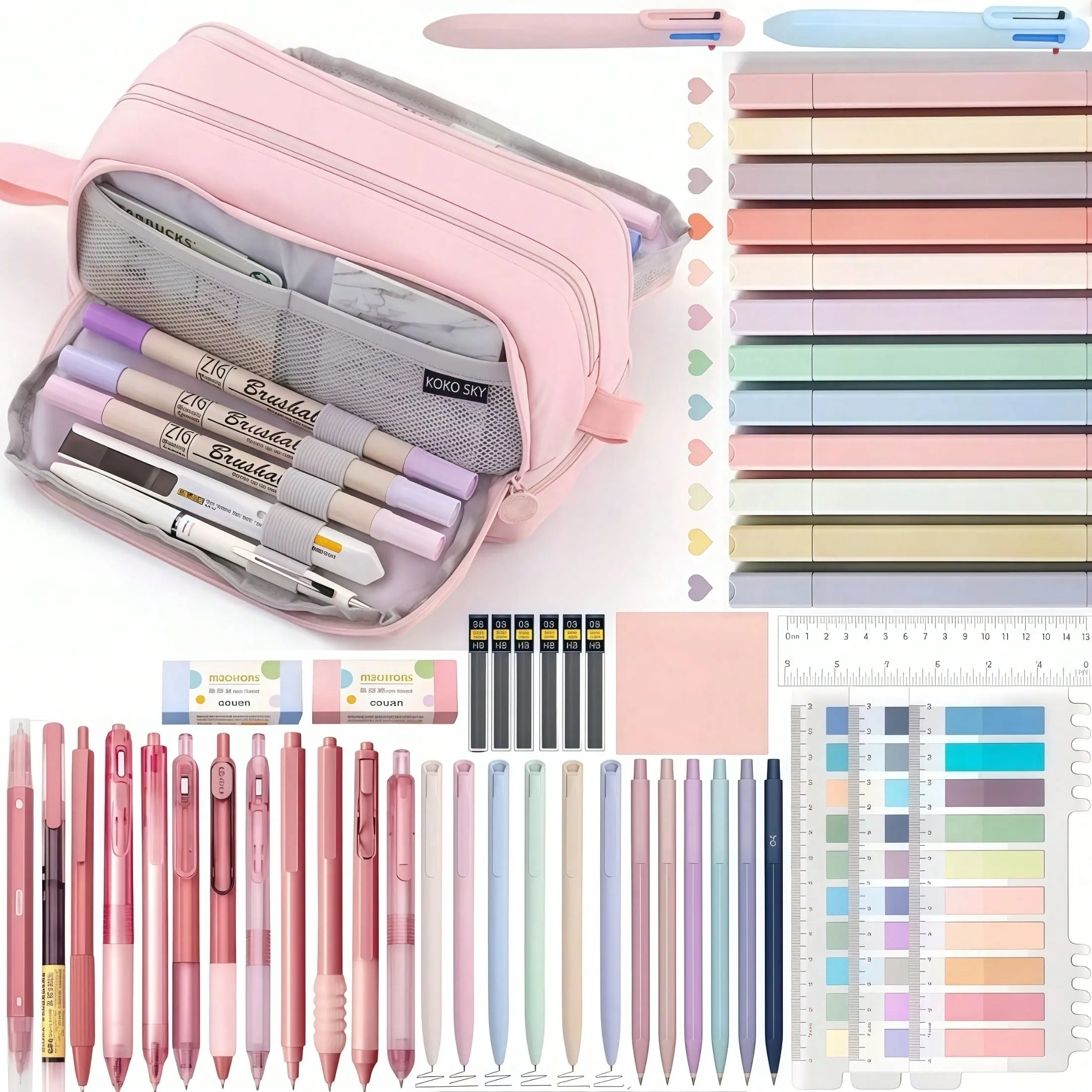 52pcs Aesthetic School Supplies, Large Pencil Case, Ink Gel Pens, Mechanical Pencils, Highlighter, Sticky Notes, Stationery Bag