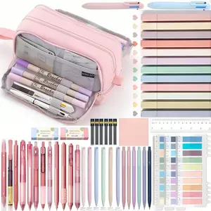 52pcs Aesthetic School Supplies, Large Pencil Case, Ink Gel Pens, Mechanical Pencils, Highlighter, Sticky Notes, Stationery Bag