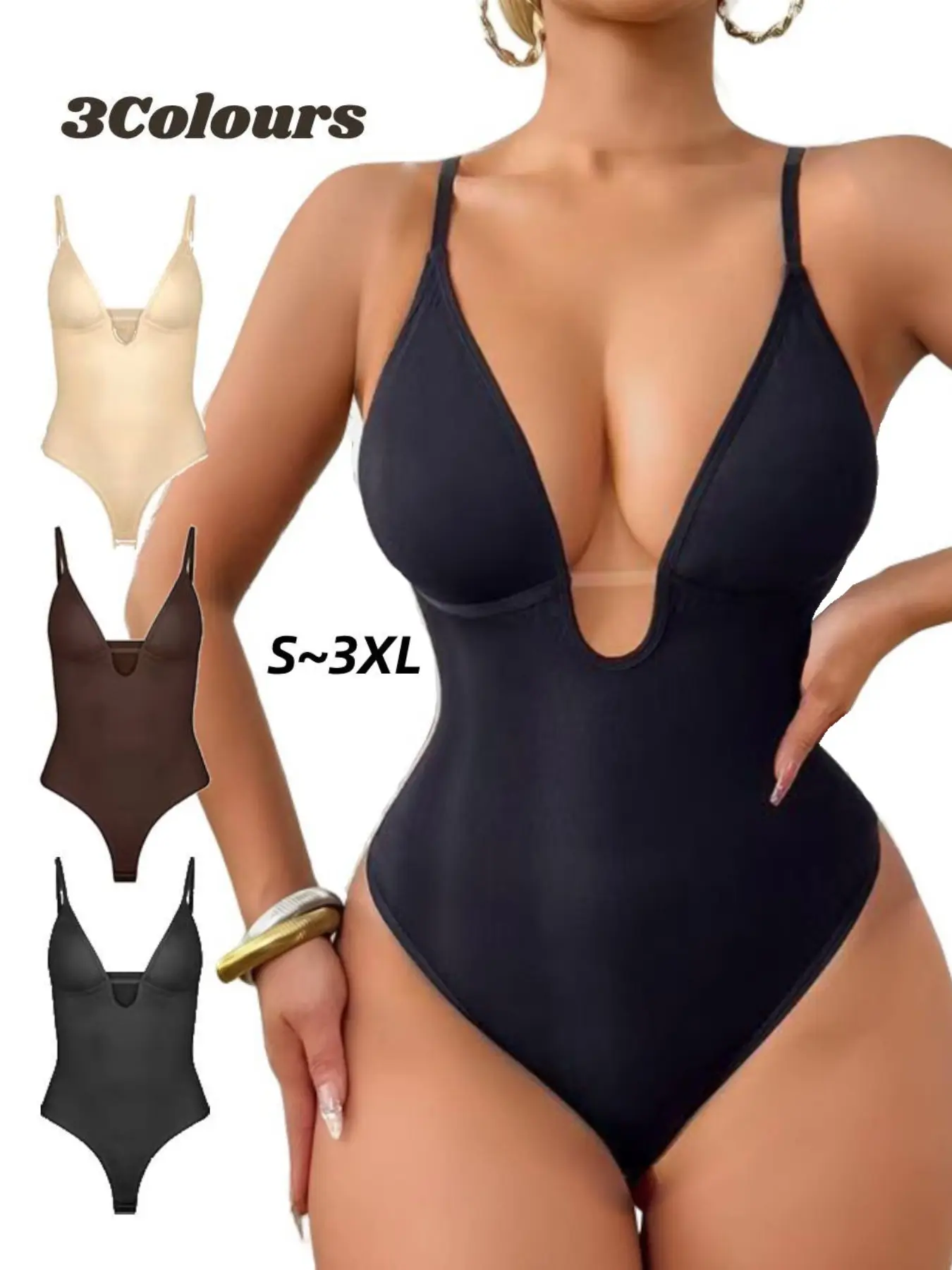 1 Count Women's Breathable Bust Lift Shapewear Bodysuit Tummy Control V Neck Seamless Slimming Body Shaper for Office Work Gym Party Date