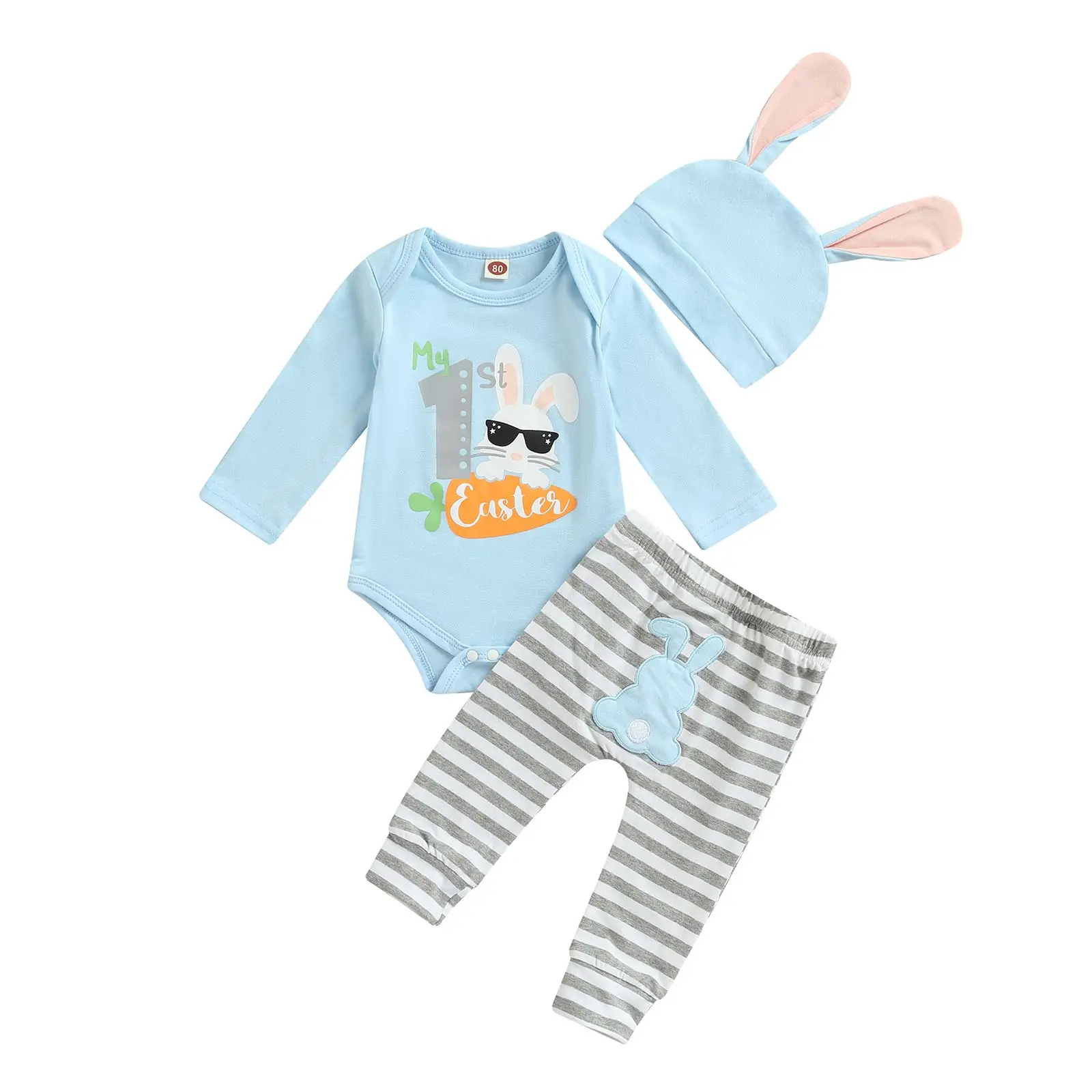 Newborn Baby Easter Outfit 3Pcs Set Long Sleeve Rabbit Romper Striped Pants Bunny Ear Hat Cute Clothes