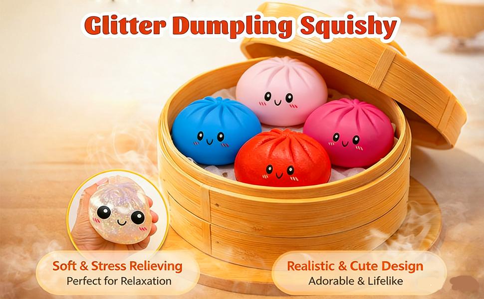 BINOK Dumpling Squishy Toy, Dumpling Squishy Mystery Box, Easter Basket Stuffers, Squeeze Dough Ball Stress Relief Hand Toys with Food Steamer Stretchy Desk Toys (Glitter Blue)