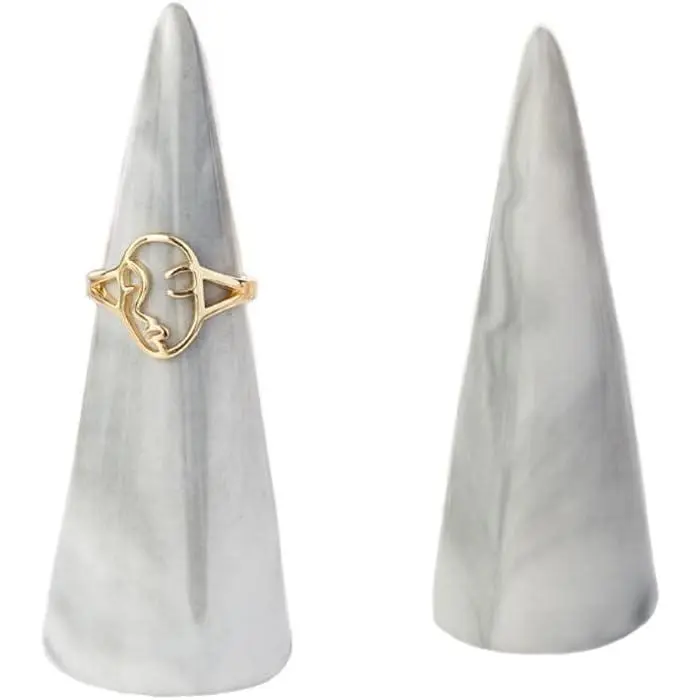 2pcs 3.14″×1.18″ Modern Marble Ceramic Ring Holder Set - Single Cone Tower Shape Decorative Ring Display Stand for Nightstand, Kitchen Sink, Bedroom | Men & Women Engagement RIng Organizer