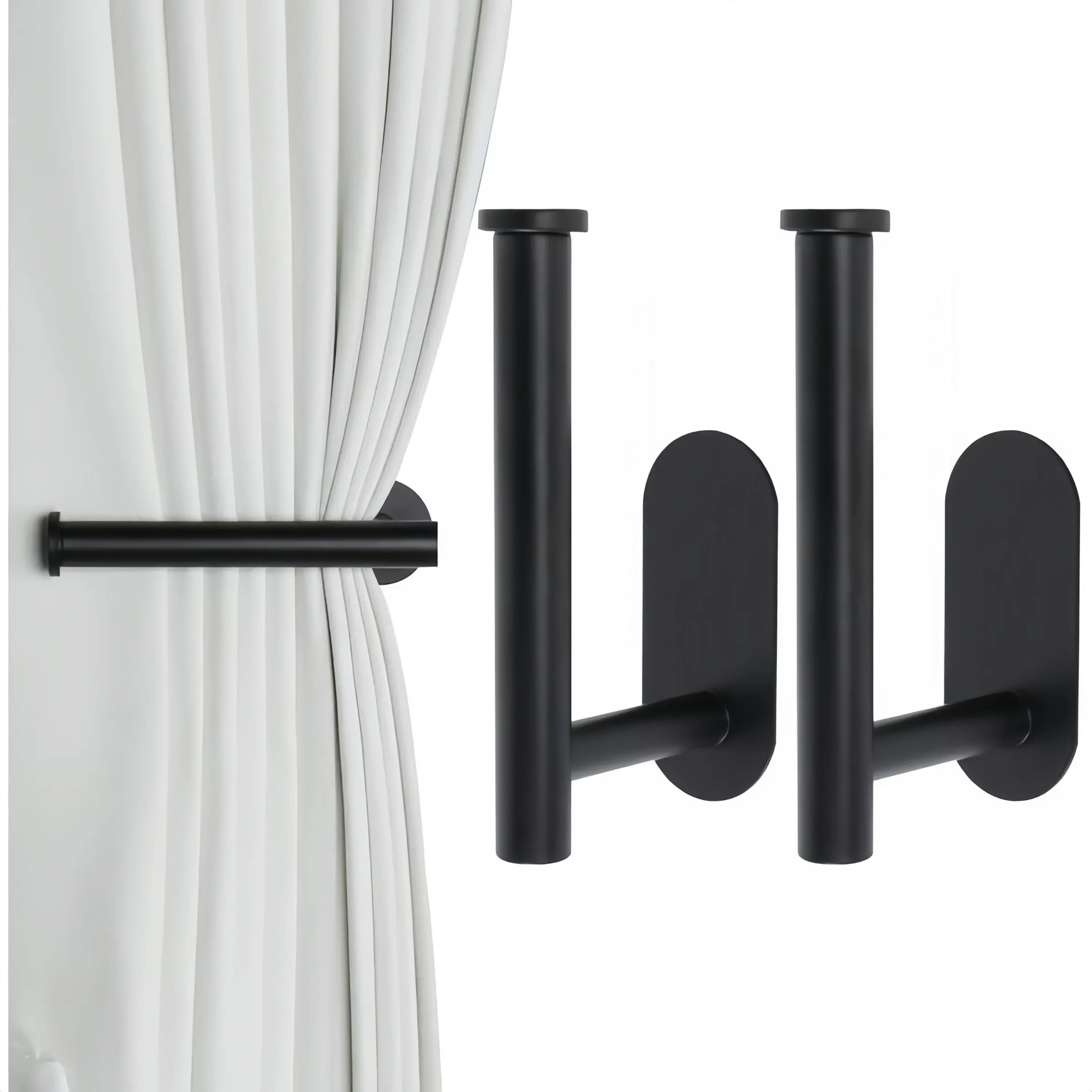 2 Pack Adhesive Curtain Holdbacks Curtain Tie Backs Curtain Tieback Curtain Holdbacks No Drill Curtain Pull Backs Adhesive Curtain Hooks Curtain Holders for Drapes (2, Black)