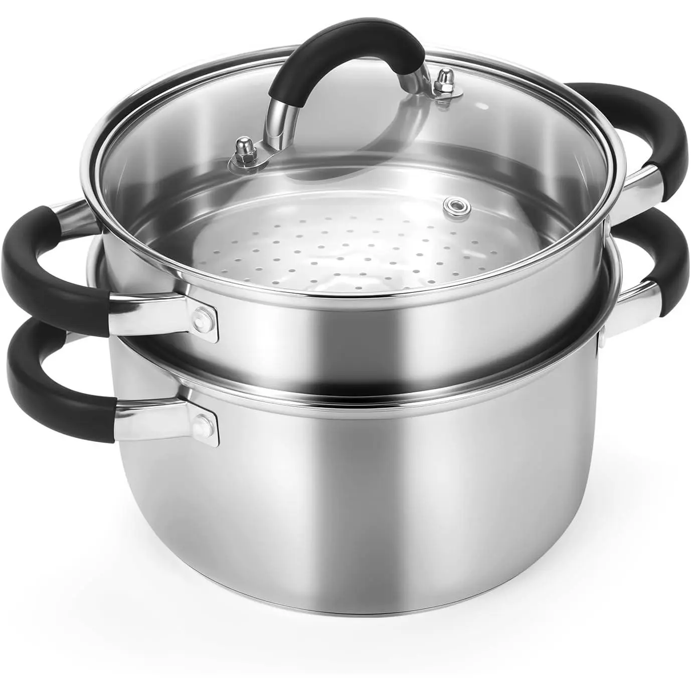 3.2QT Stainless Steel Cooking Steamer, Steam Pot with Steamer Basket, Stock Pot with Silicone Handle & Lid, 3-Ply Bottom Cookware for Vegetables, Dumplings, Soup, Stew, Boiling