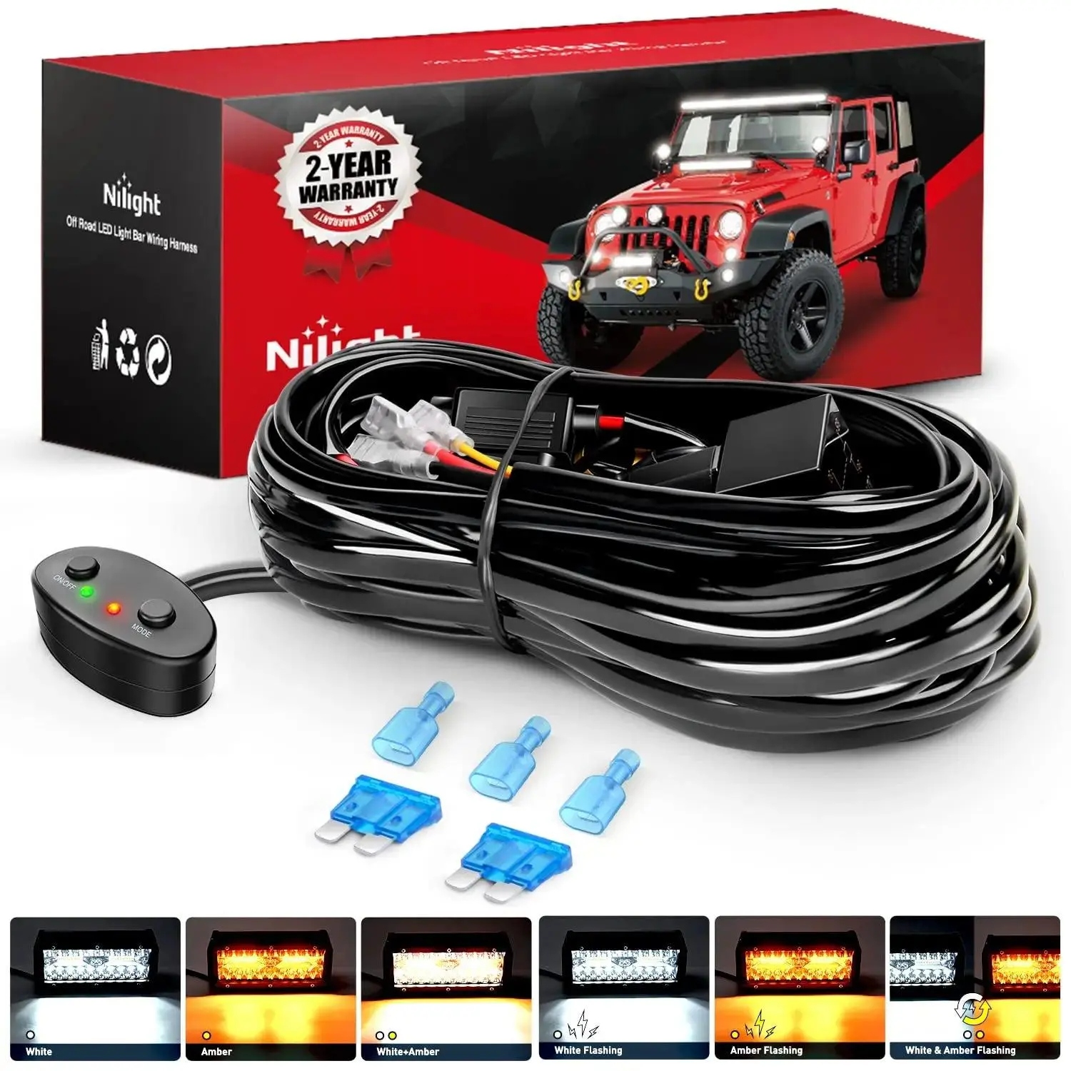 Nilight 16AWG Wire Car/ATV Lighting Wiring Harness Kit Set - 1 Lead, 12V On-Off Mode Switch, 2 Blade Fused Power Fuses, 3 Spade Connectors