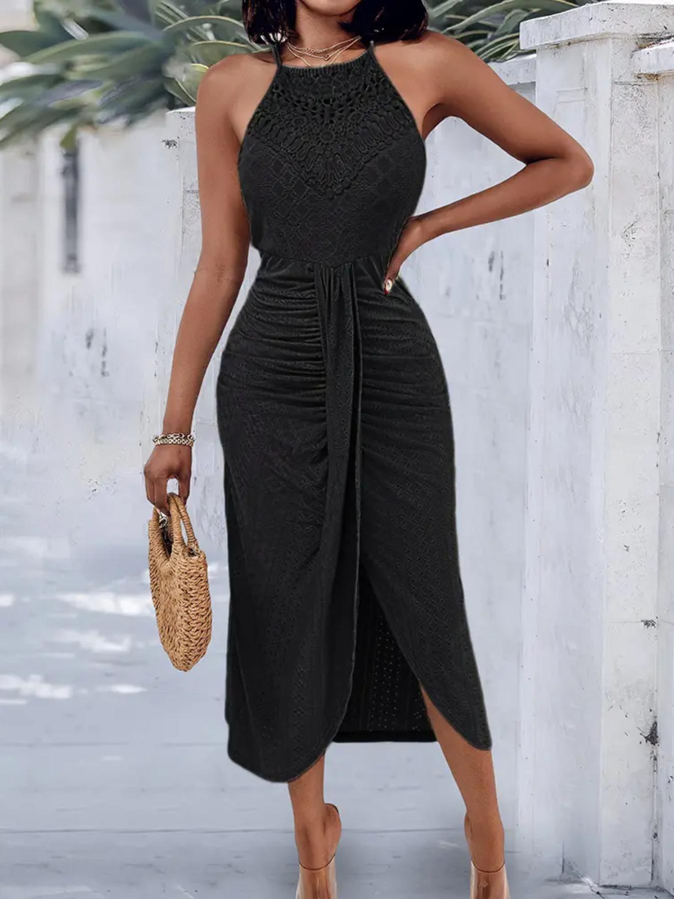 Women's Plain Ruched Bodycon Side Slit Cami Dress, Elegant Sleeveless Dress for Party Holiday Wedding Guest, Ladies Summer Clothes