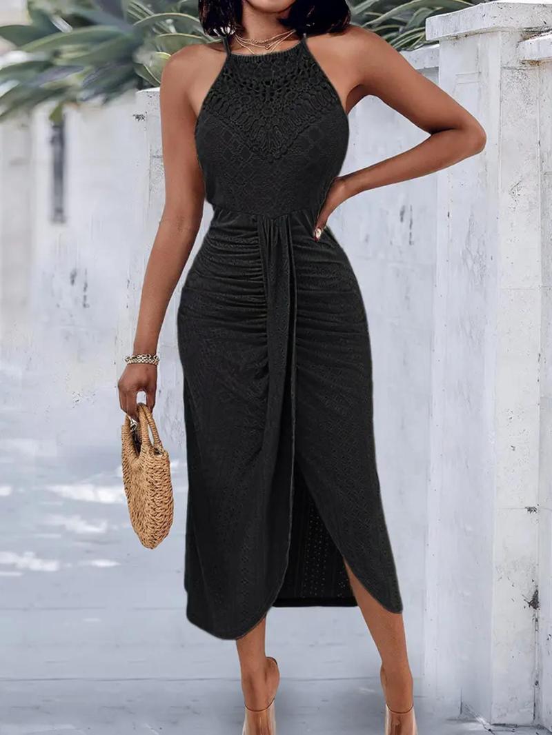 Women's Plain Ruched Bodycon Side Slit Cami Dress, Elegant Sleeveless Dress for Party Holiday Wedding Guest, Ladies Summer Clothes