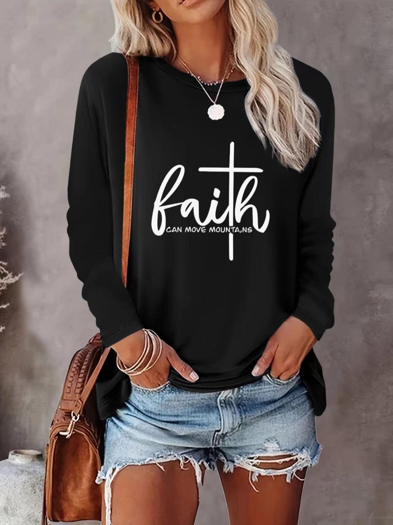 Women's Letter Print Round Neck Tee, Casual Long Sleeve T-shirt, Women's Spring & Fall Top for Daily Wear