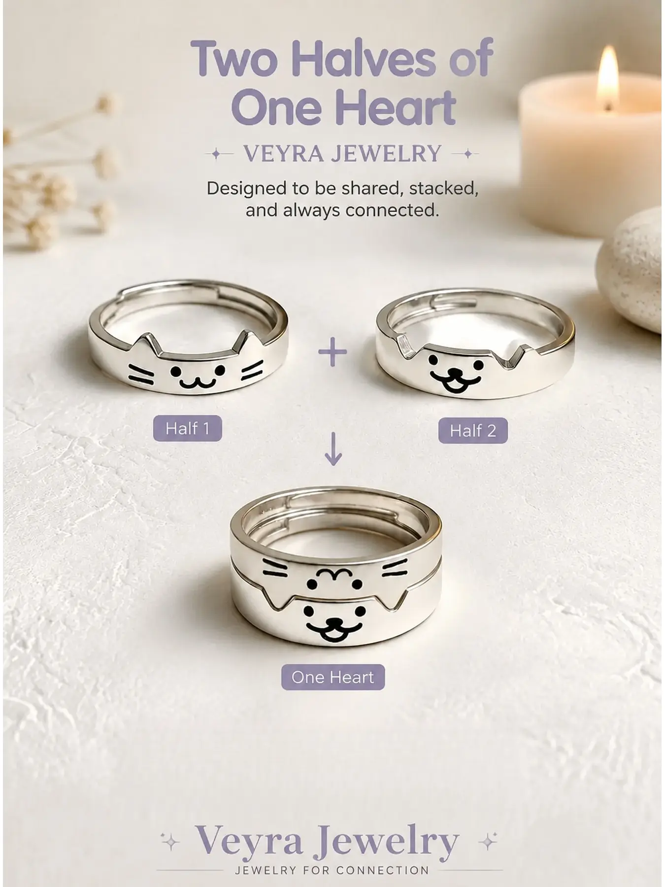 2Pcs ouple Ring for Women Men Silver Animal Friendship Matching Ring Cute Puppy Kitten Statement Ring Minimalist Party Valentine's Day Jewelry Gift