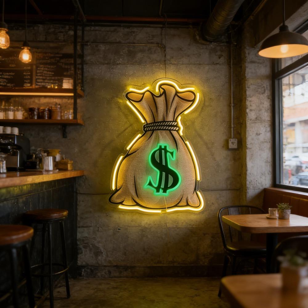 Money Bag Dollar Sign Neon Sign, USB Powered Dimmable Warm Yellow Green LED Neon Light, Money Themed Wall Decor for Man Cave Bar Game Room Office, Wealth Motivational Gift for Entrepreneurs Gamers Guys, size: 40 x 27 cm
