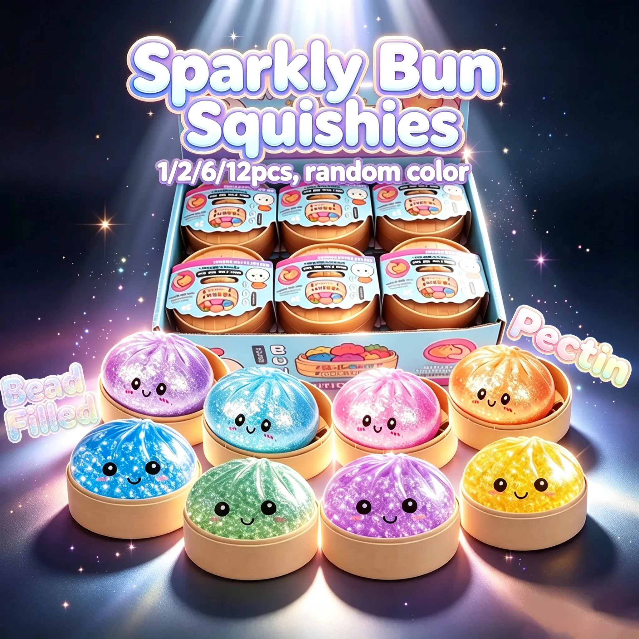 2 Styles Sparkle Crystal Bun Squishy Set 1/2/6/12PCS, Transparent TPR Soup Dumpling Squishy Toys (Pectin & Water Bead Filled) with Mini Storage Steamer, Kids Stress Relief Gift Desktop Decor