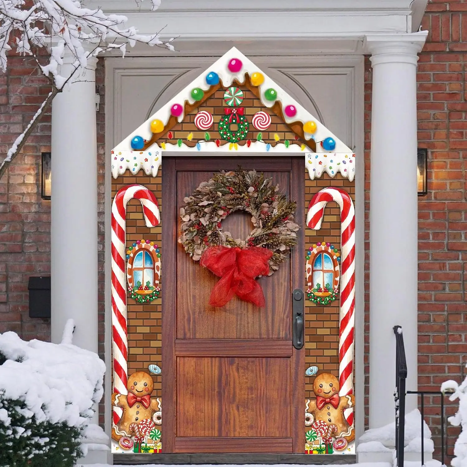 2D Flat Banner Set, 3pcs Porch Banner, Christmas Gingerbread Door Decor, Candy House Design, Polyester, No Power Needed, Festive Decoration